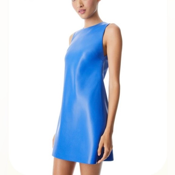 Alice + Olivia Coley Vegan Leather Sleeveless Mini Dress Palace Blue NWT Size 0 - Picture 3 of 7